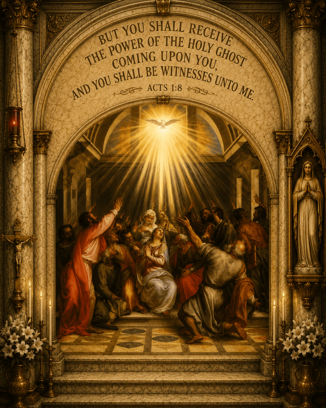 The Holy Ghost descending at Pentecost upon Our Lady and the Apostles, with the words of Acts 1:8 above the scene.