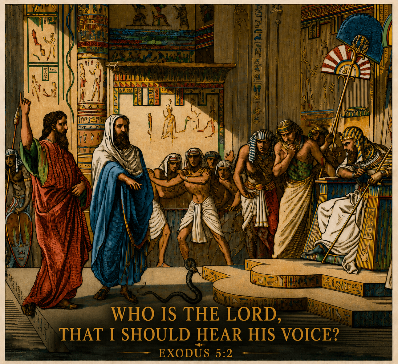 Moses and Aaron before Pharaoh, with the words of Exodus 5:2 beneath the scene.