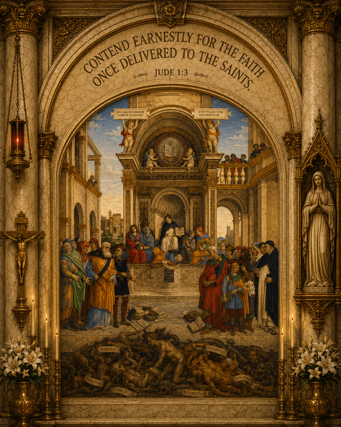 Saints and doctors contending for the faith once delivered to the saints, with the words of Jude 1:3 above the scene.