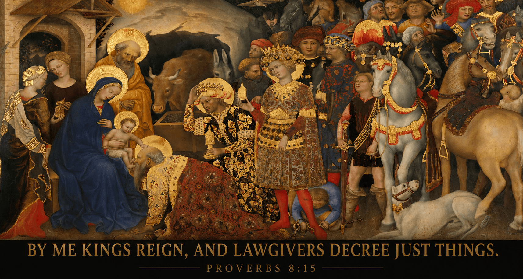 The Adoration of the Magi, with the words of Proverbs 8:15 beneath the scene.