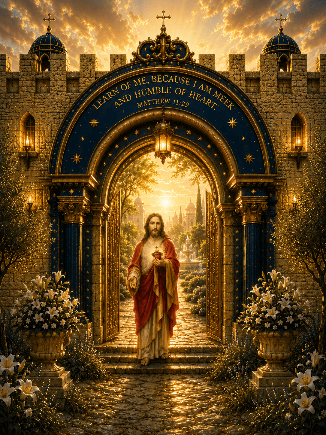 The Sacred Heart of Jesus, with the words of Matthew 11:29 beside the image.