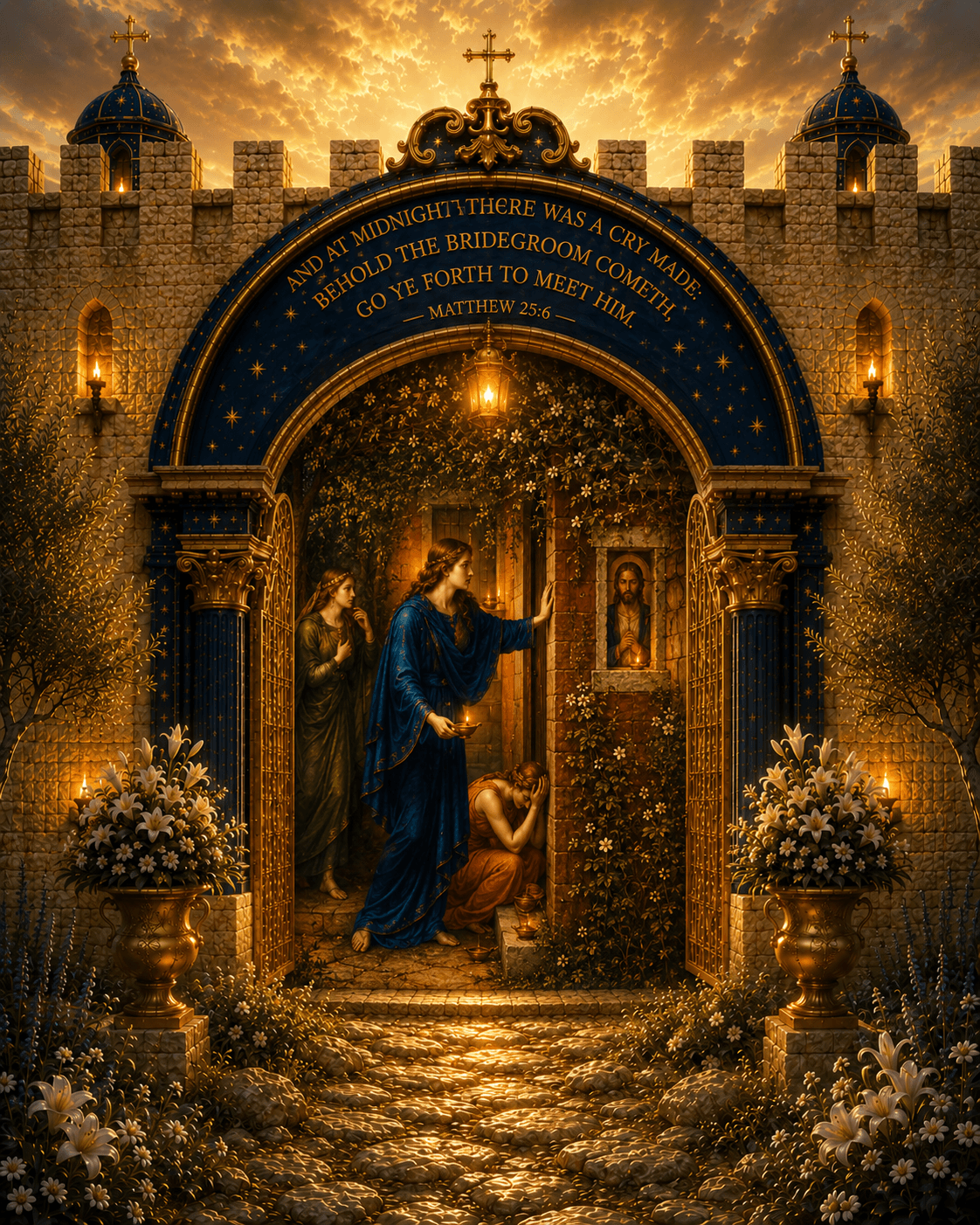 The wise and foolish virgins at the midnight cry, with the words of Matthew 25:6 above the scene.