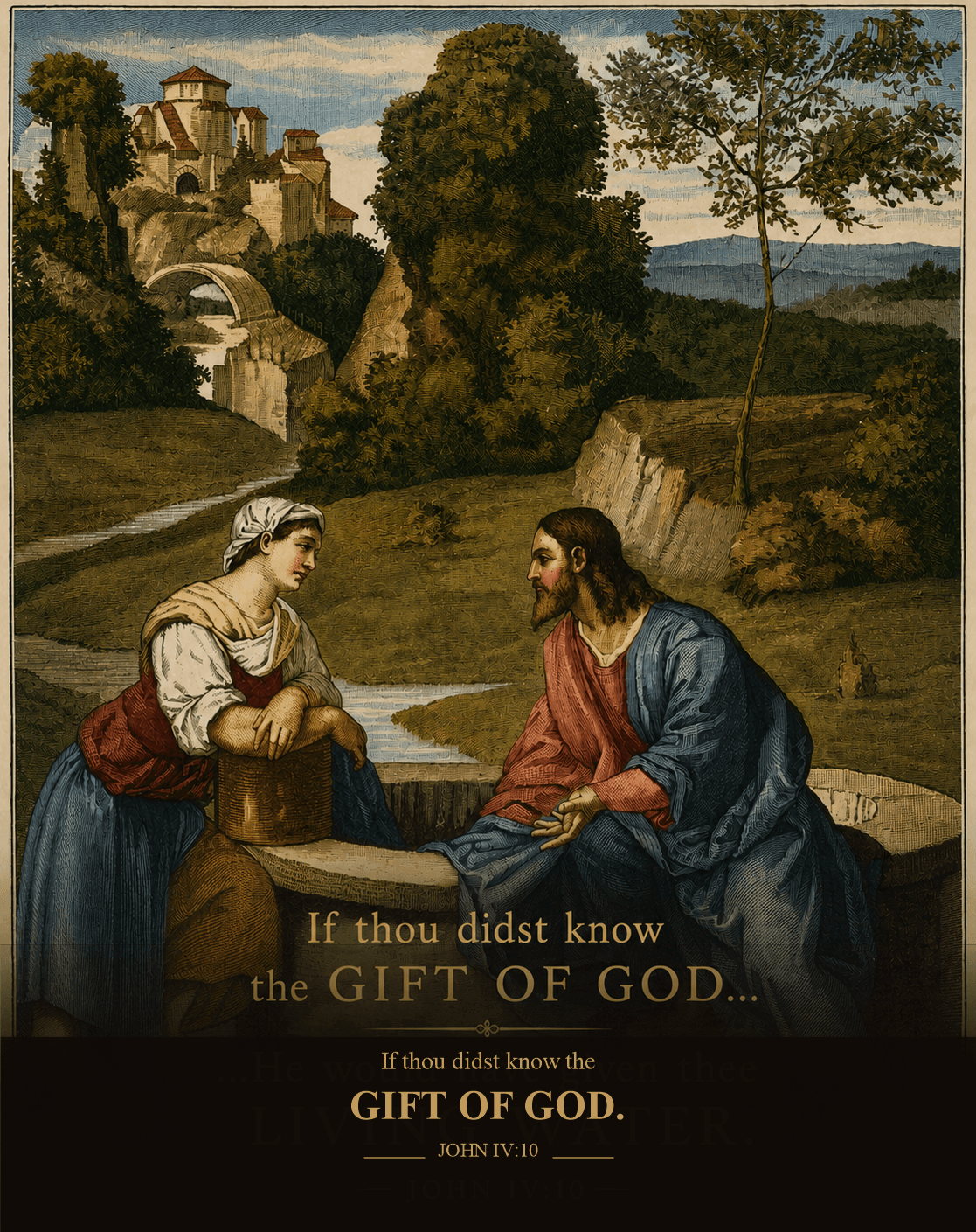 Christ speaking with the Samaritan woman at the well, with the words of John 4:10 beneath the scene.