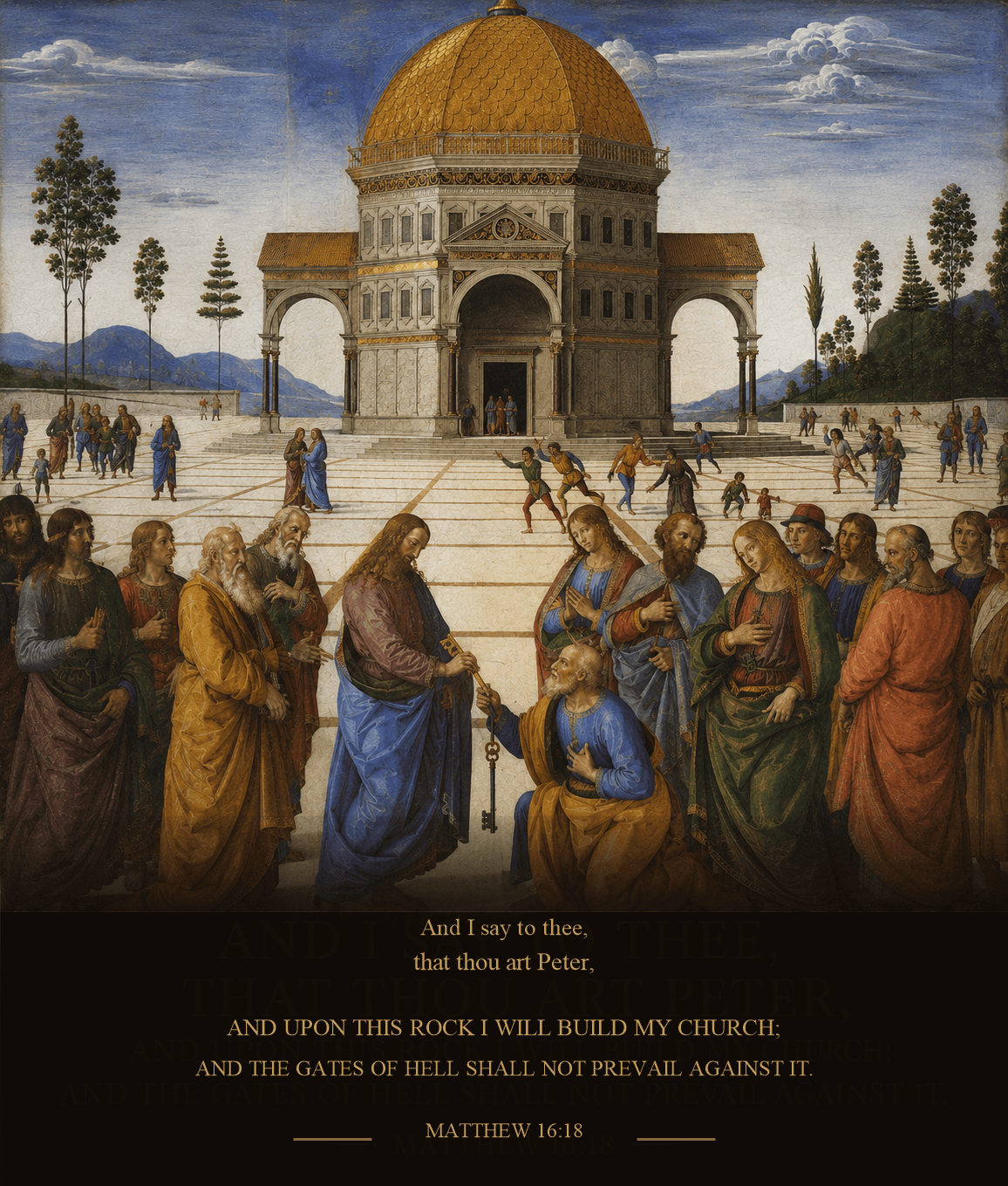 Christ giving the keys to Saint Peter before the church, with the words of Matthew 16:18 beneath the scene.