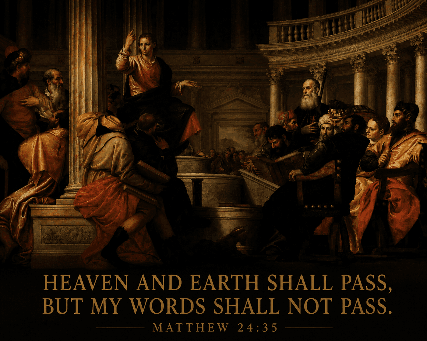 Christ teaching in the Temple, with the words of Matthew 24:35 above the scene.