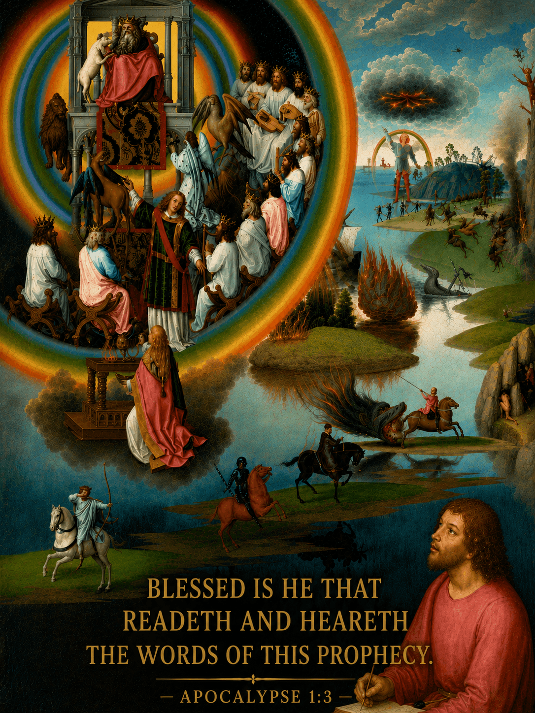 Saint John beholding the apocalyptic vision, with the words of Apocalypse 1:3 beneath the scene.