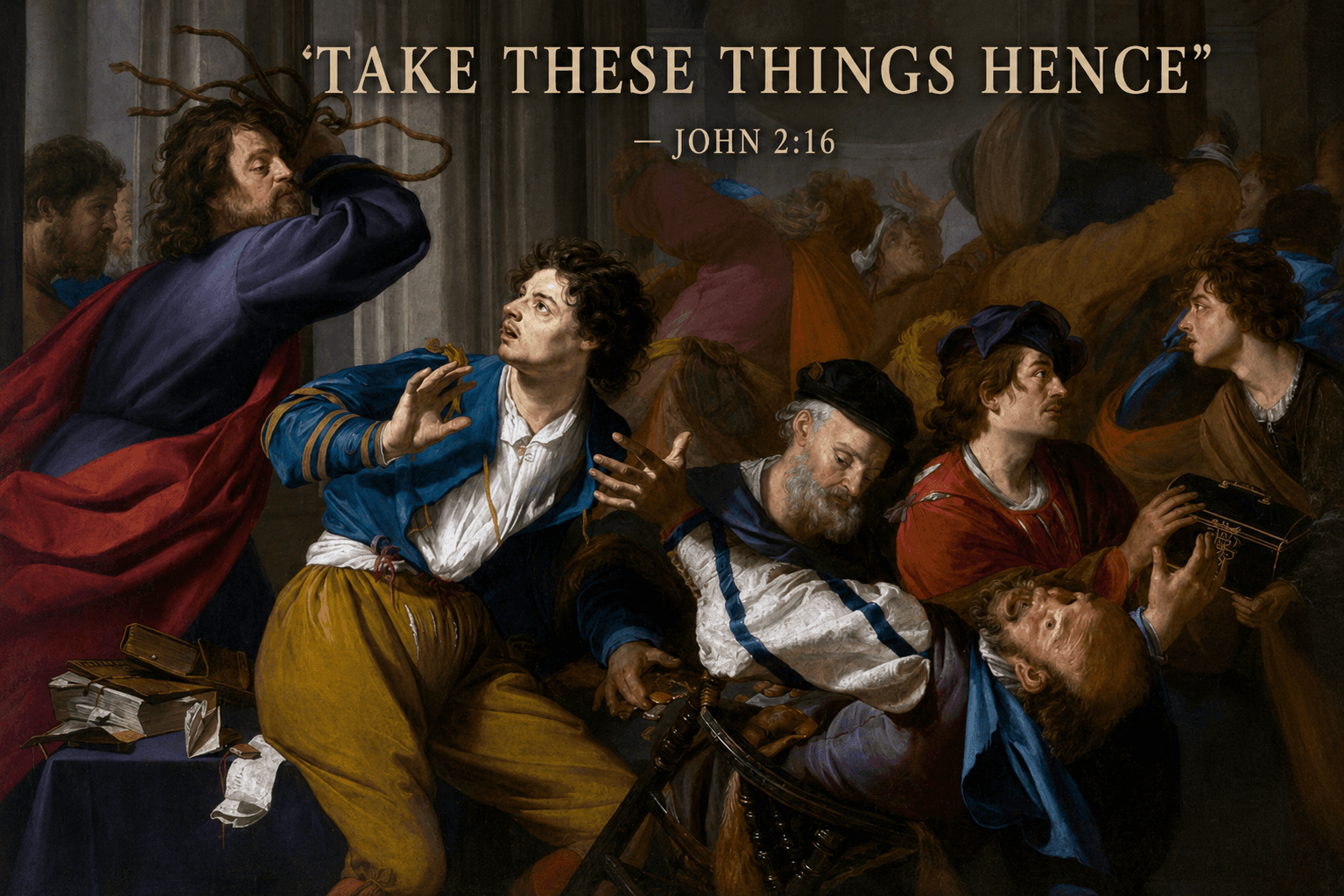Christ cleansing the Temple, with the words of John 2:16 above the scene.