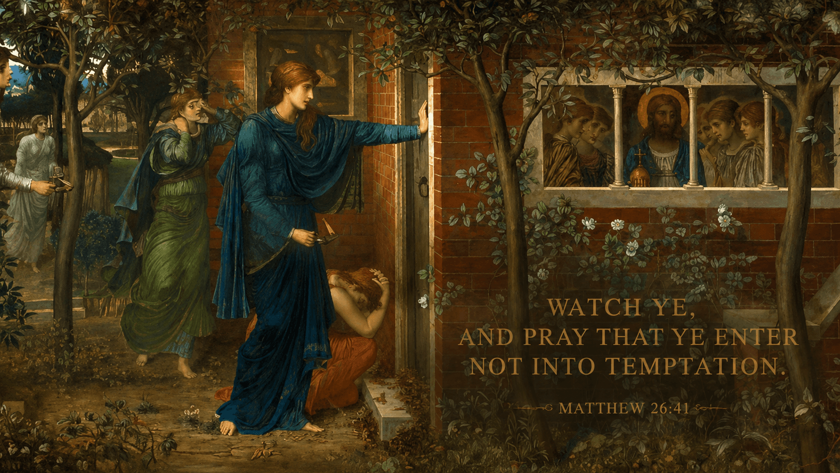 Christ praying in the garden while the Apostles sleep, with the words of Matthew 26:41 beneath the scene.