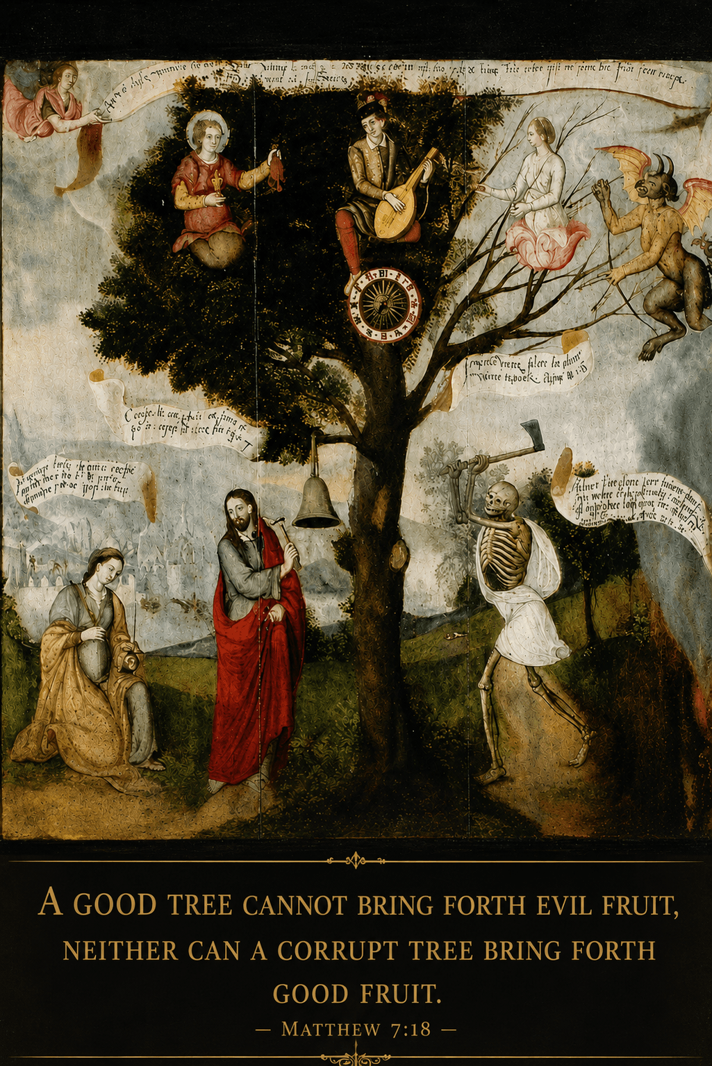 Christ teaching beside the image of the good and corrupt tree, with the words of Matthew 7:18 beneath the scene.