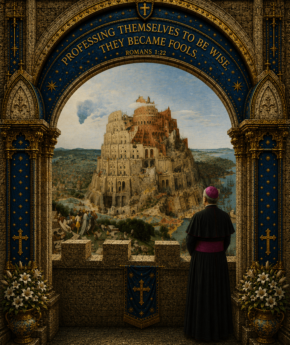 A Catholic bishop standing on the walls of the City of God and looking out toward the tower of Babel, with the words of Romans 1:22 above the scene.