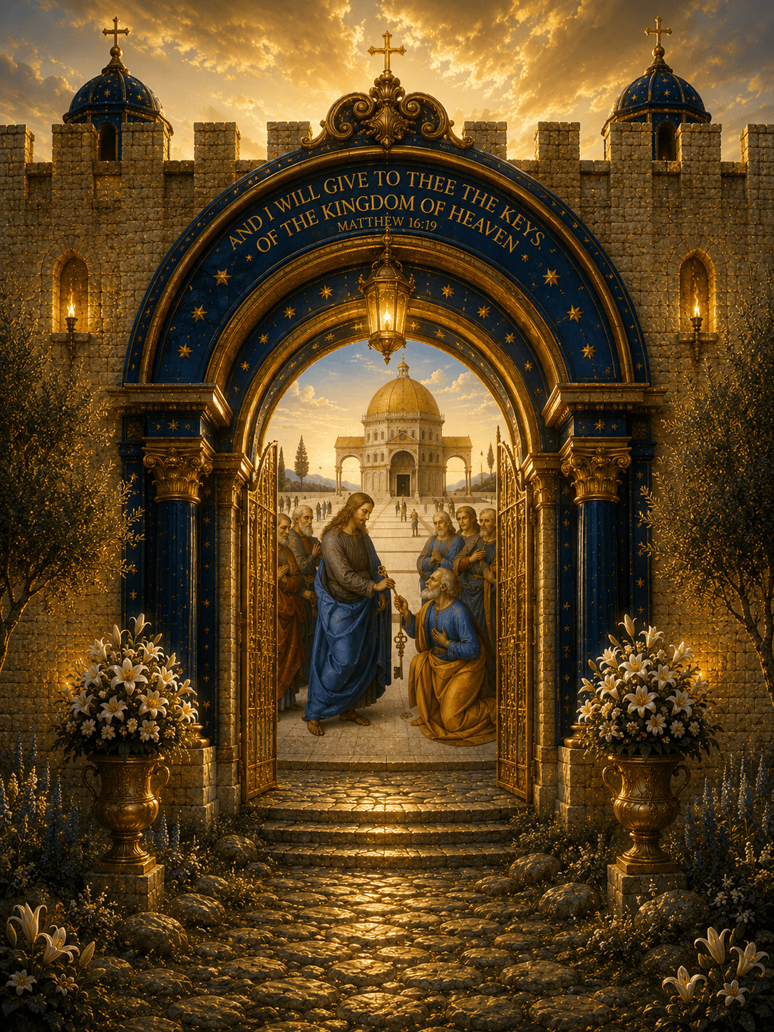 Christ giving the keys of the kingdom to Saint Peter before the church, with the words of Matthew 16:19 above the scene.