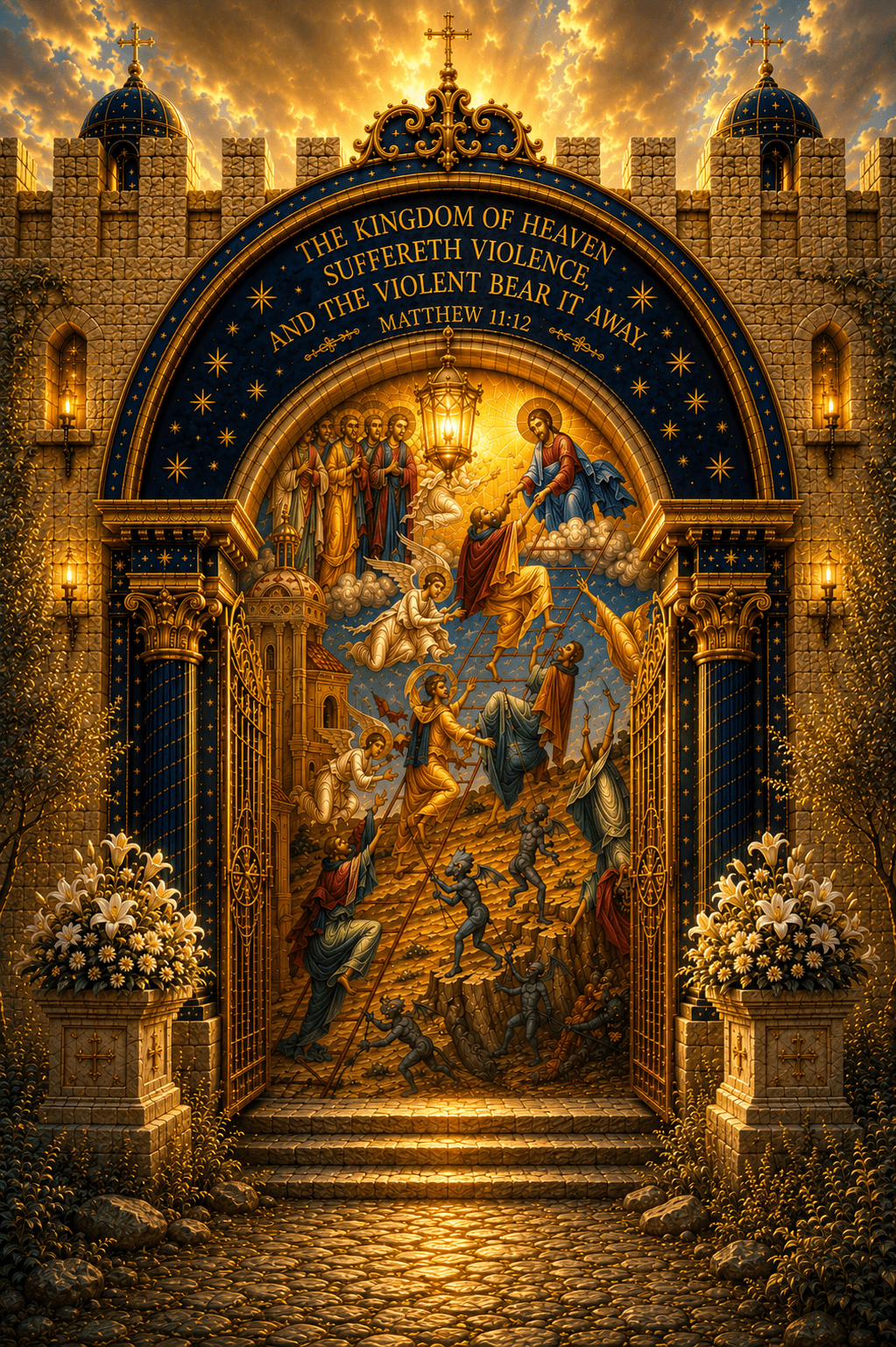 The ascent to the kingdom of heaven under discipline and holy struggle, with the words of Matthew 11:12 above the scene.